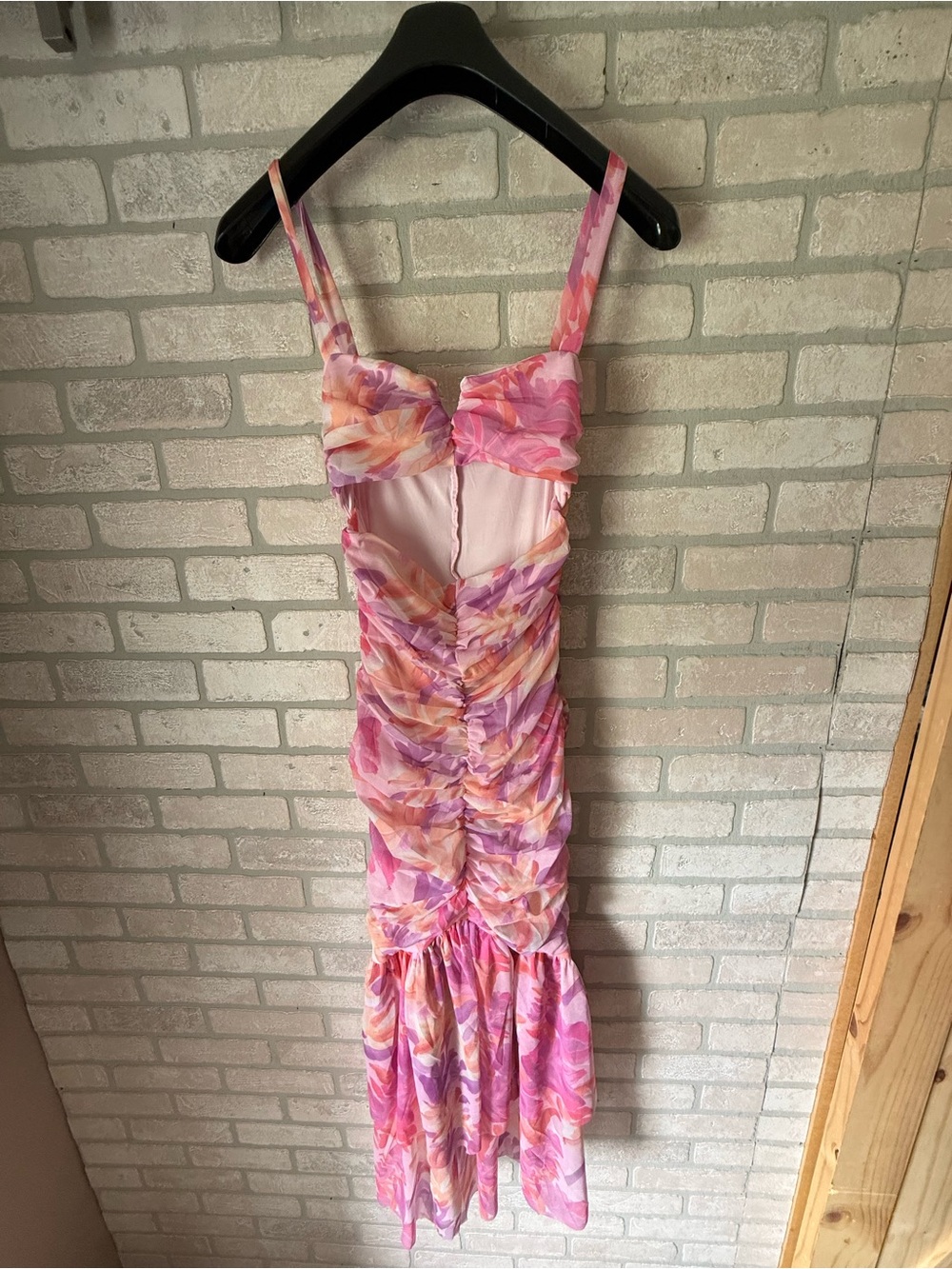 Floral Ruched Pink Midi Dress with Spaghetti Straps
